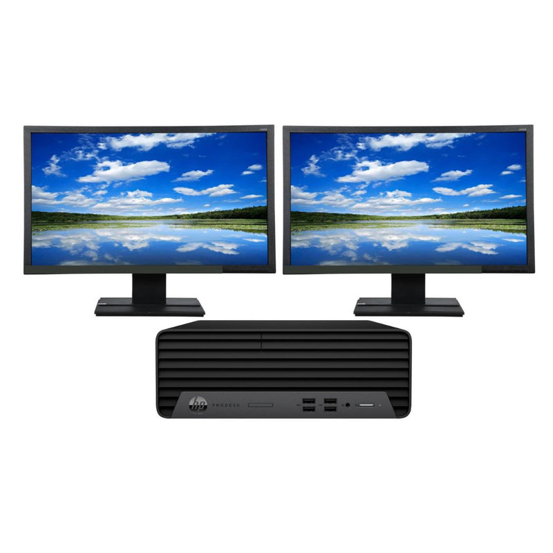 Load image into Gallery viewer, HP ProDesk 400 G7, SFF Desktop Bundled with Dual Monitor 2 x 24" LCD, Intel Core i5-10400, 2.90GHz, 16GB RAM, 512GB SSD, Windows 10 Pro - Grade A Refurbished