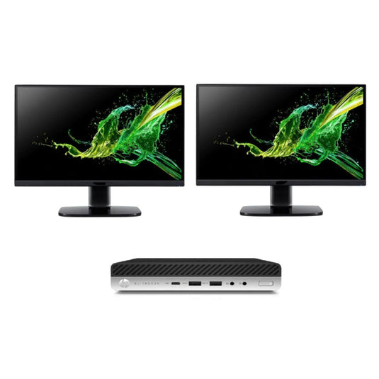 HP EliteDesk 800G4, Mini Desktop Bundled with Dual Monitor 2 x 24" LCD, Intel Core i5-8500T, 2.10 GHz, 32GB RAM, 512GB NVMe, Windows 10 Pro- Grade A Refurbished